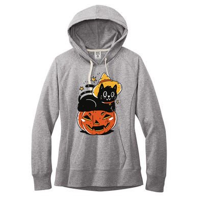 Spooky Halloween Cat Costume with Witch Hat and Pumpkin Women's Fleece Hoodie