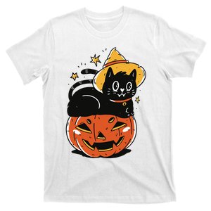 Spooky Halloween Cat Costume with Witch Hat and Pumpkin T-Shirt