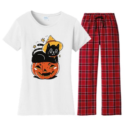 Spooky Halloween Cat Costume with Witch Hat and Pumpkin Women's Flannel Pajama Set