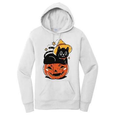 Spooky Halloween Cat Costume with Witch Hat and Pumpkin Women's Pullover Hoodie