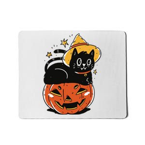 Spooky Halloween Cat Costume with Witch Hat and Pumpkin Mousepad