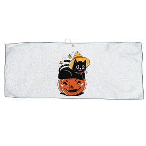 Spooky Halloween Cat Costume with Witch Hat and Pumpkin Large Microfiber Waffle Golf Towel