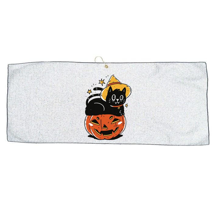 Spooky Halloween Cat Costume with Witch Hat and Pumpkin Large Microfiber Waffle Golf Towel