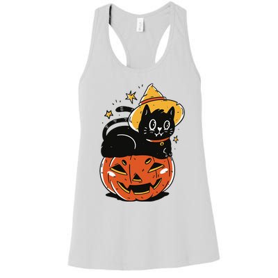 Spooky Halloween Cat Costume with Witch Hat and Pumpkin Women's Racerback Tank