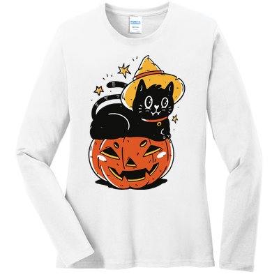 Spooky Halloween Cat Costume with Witch Hat and Pumpkin Ladies Long Sleeve Shirt