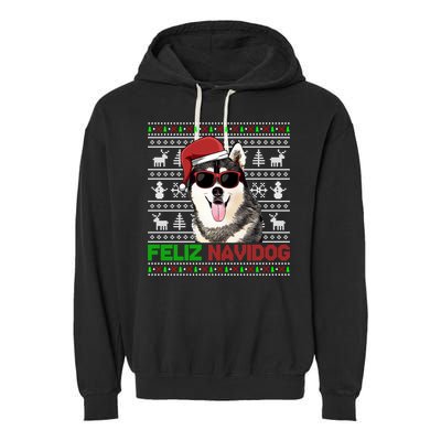 Siberian Husky Dog Feliz Navidog Funny Christmas Gift Garment-Dyed Fleece Hoodie