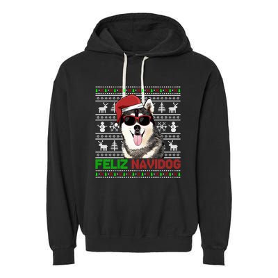 Siberian Husky Dog Feliz Navidog Funny Christmas Gift Garment-Dyed Fleece Hoodie