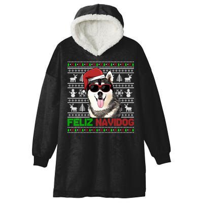 Siberian Husky Dog Feliz Navidog Funny Christmas Gift Hooded Wearable Blanket
