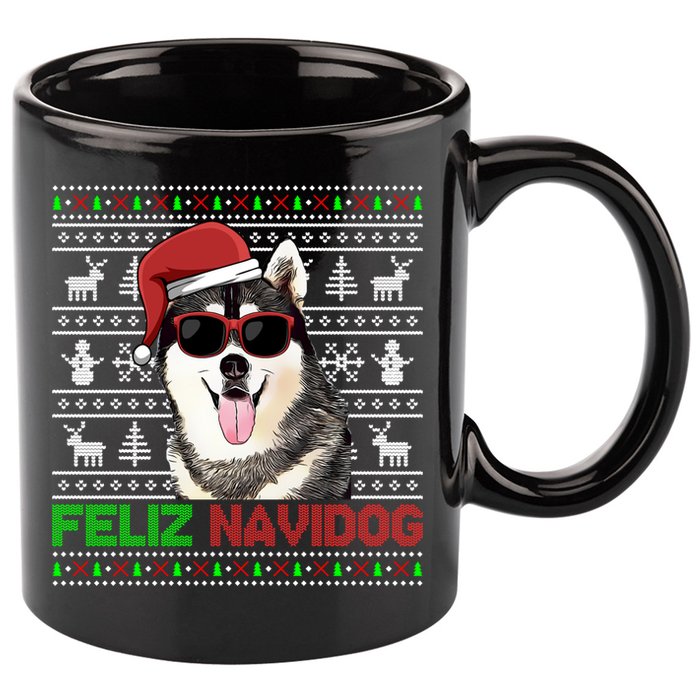 Siberian Husky Dog Feliz Navidog Funny Christmas Gift 11oz C Handle Ceramic Mug