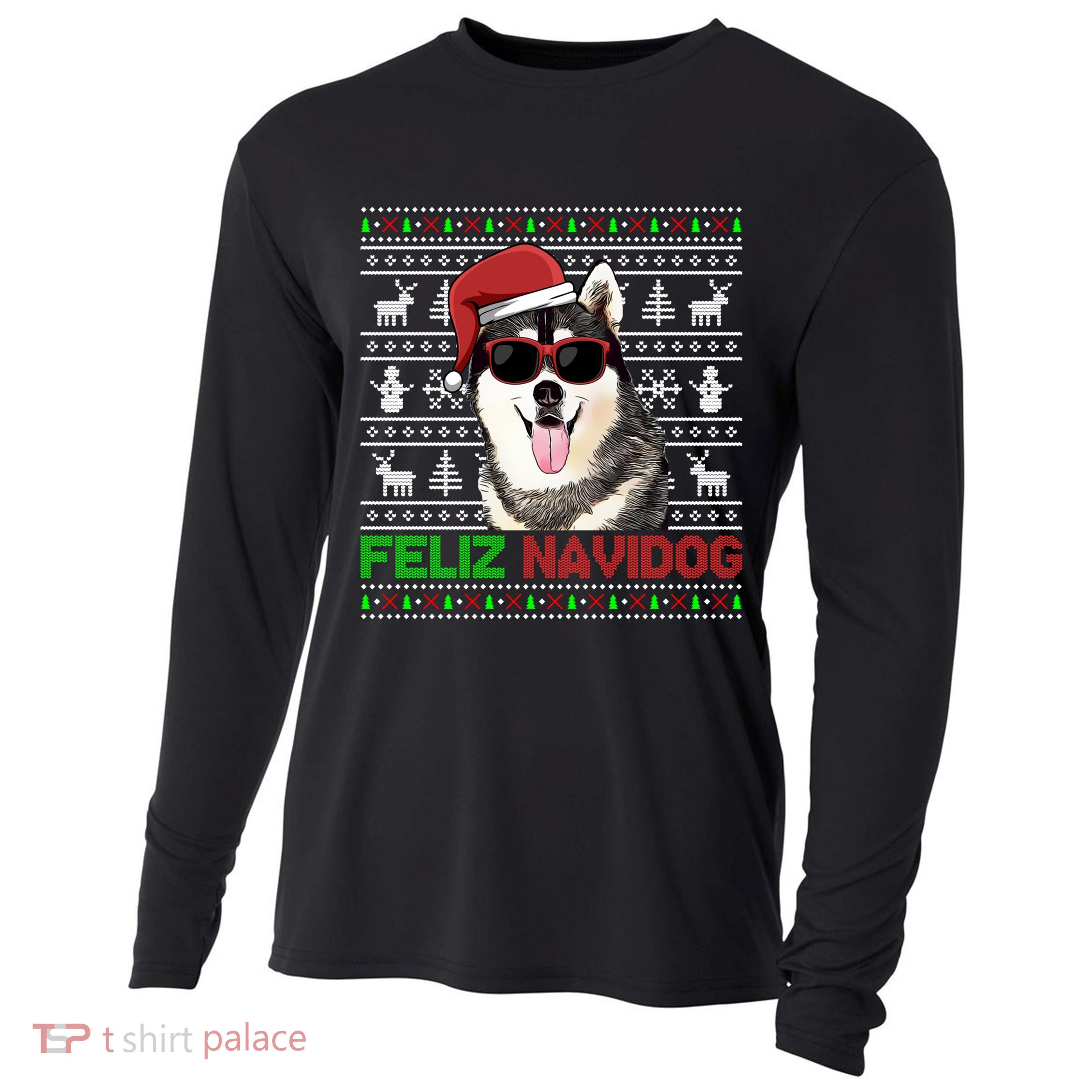 Siberian Husky Dog Feliz Navidog Funny Christmas Gift Cooling Performance Long Sleeve Crew