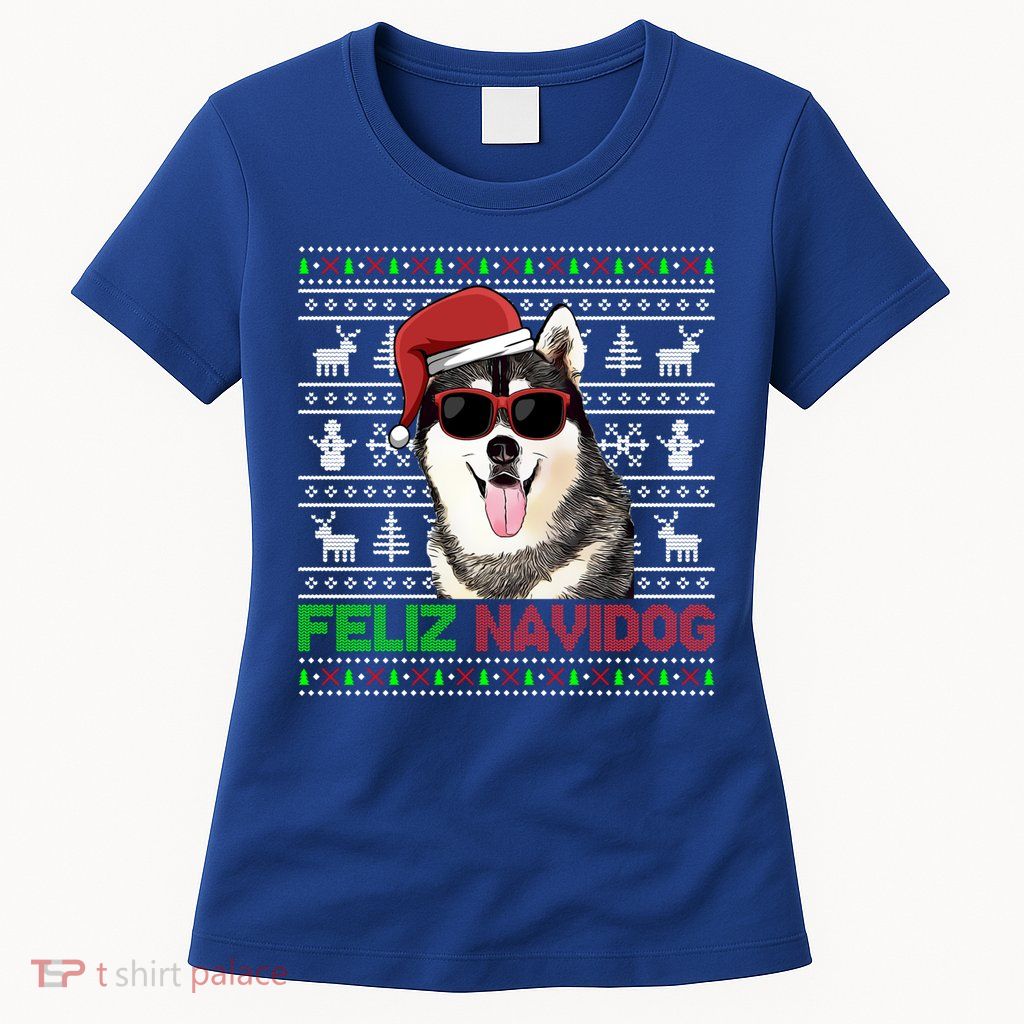 Siberian Husky Dog Feliz Navidog Funny Christmas Gift Womens T-Shirt