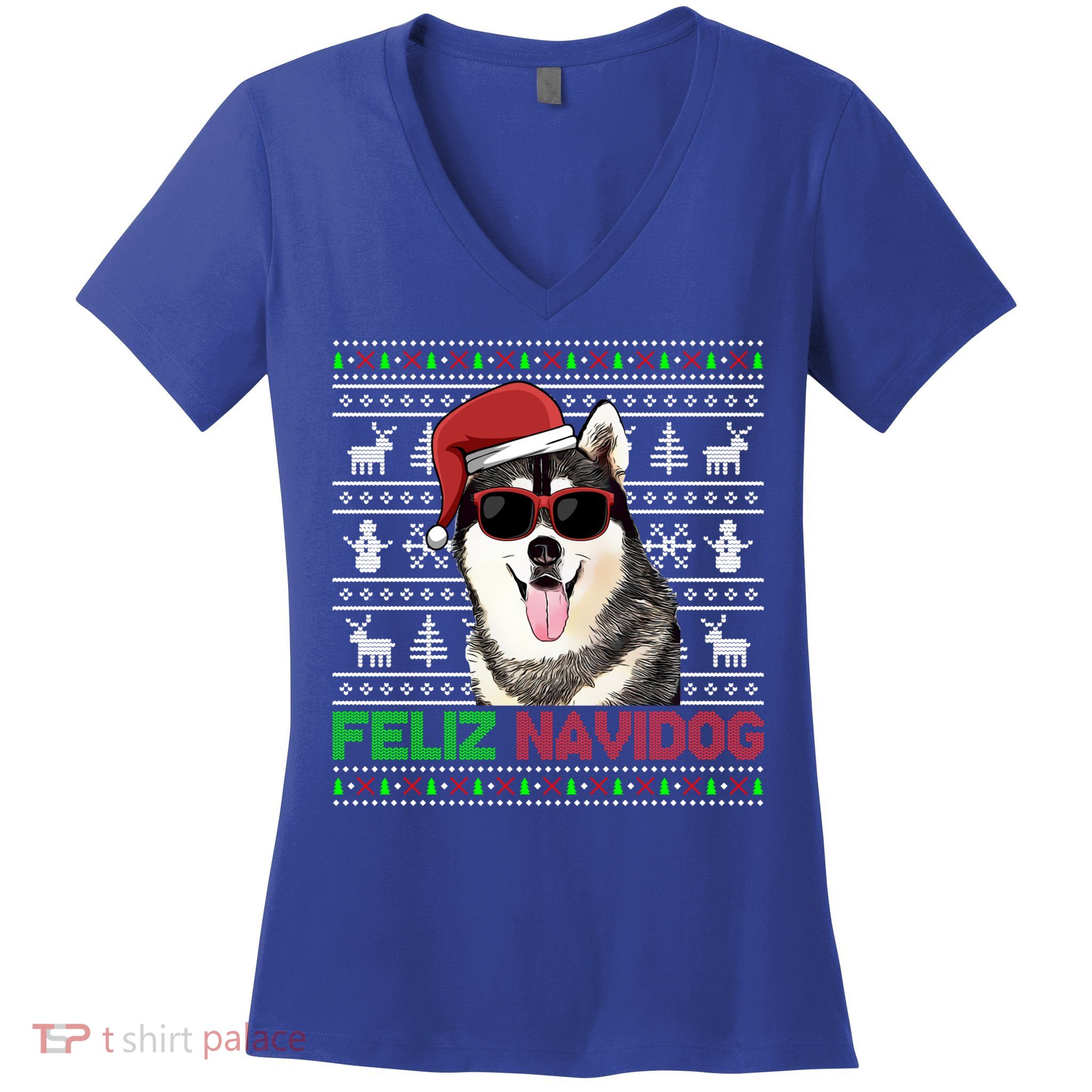 Siberian Husky Dog Feliz Navidog Funny Christmas Gift Women's V-Neck T-Shirt