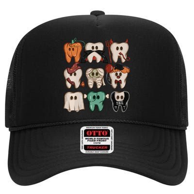 Spooky Halloween Dentist Funny Teeth Crewneck Halloween High Crown Mesh Back Trucker Hat