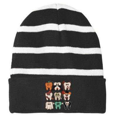 Spooky Halloween Dentist Funny Teeth Crewneck Halloween Striped Beanie with Solid Band