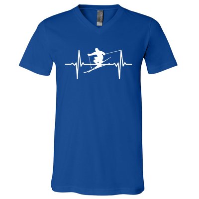 Ski Heartbeat Design Funny Pulse Skiing Meaningful Gift V-Neck T-Shirt