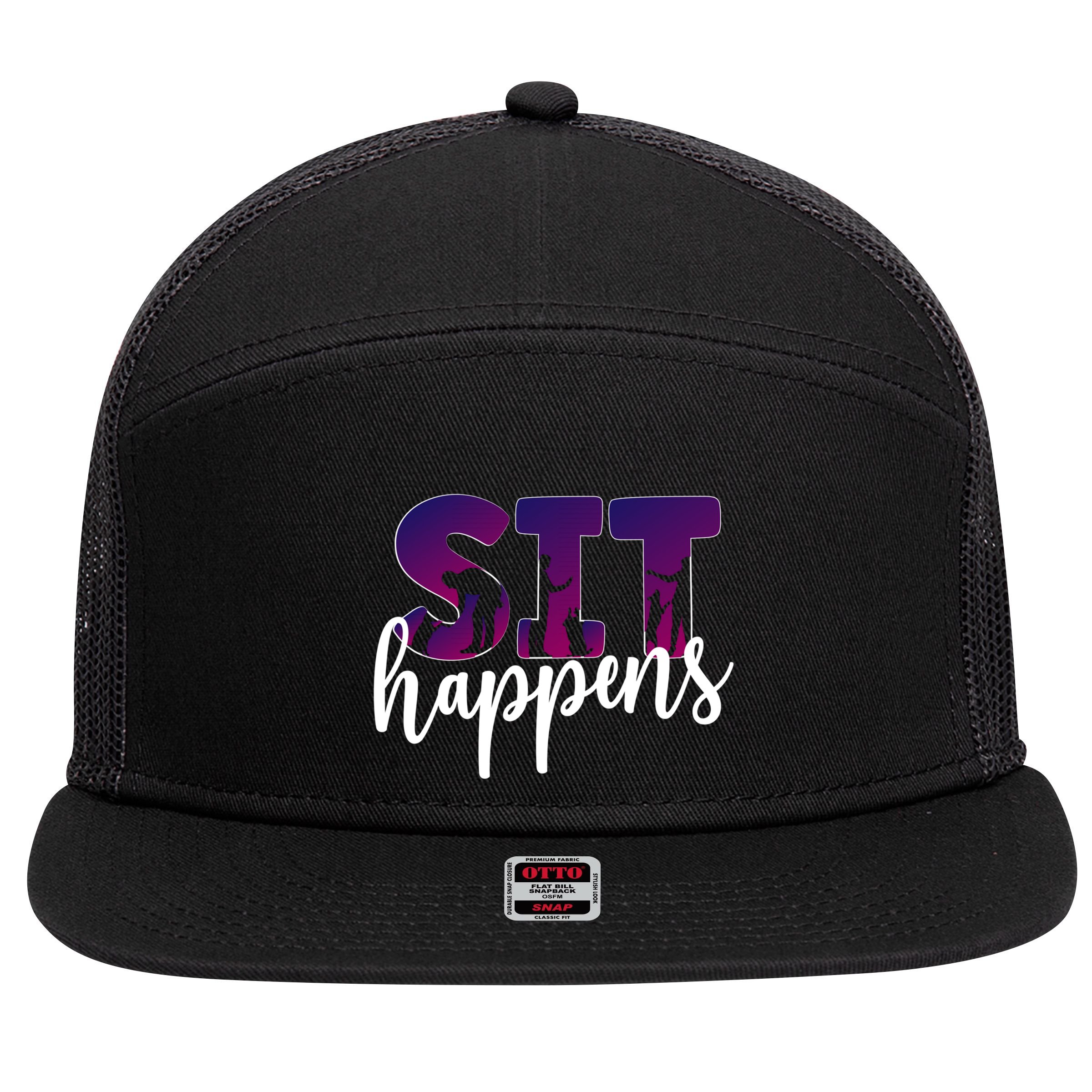 Sit Happens Dog Trainer Dog Training Funny Gift 7 Panel Mesh Trucker Snapback Hat