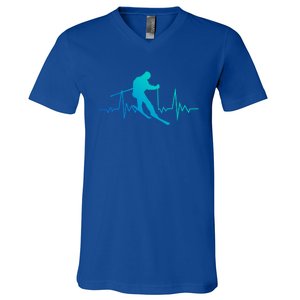 Skiing Heartbeat Downhill Ski Jumping Skiing Winter Sport Funny Gift V-Neck T-Shirt