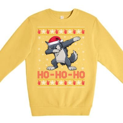 Santa Hat Dabbing Wolf Ho Ho Ho Funny Ugly Christmas Gift Premium Crewneck Sweatshirt