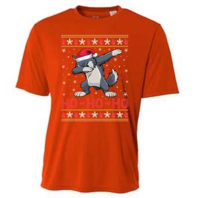 Santa Hat Dabbing Wolf Ho Ho Ho Funny Ugly Christmas Gift Cooling Performance Crew T-Shirt