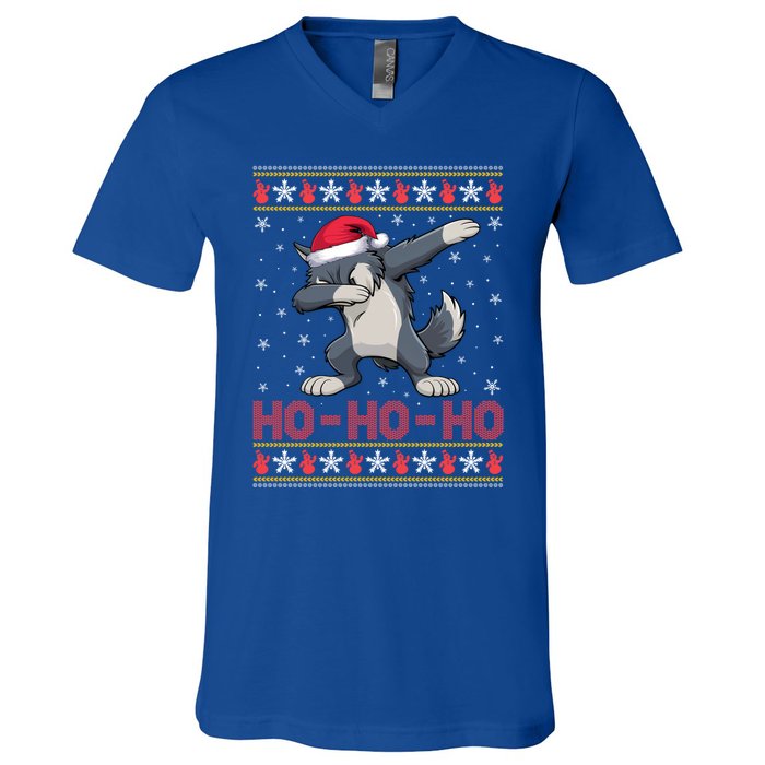 Santa Hat Dabbing Wolf Ho Ho Ho Funny Ugly Christmas Gift V-Neck T-Shirt