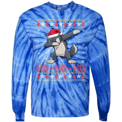 Santa Hat Dabbing Wolf Ho Ho Ho Funny Ugly Christmas Gift Tie-Dye Long Sleeve Shirt