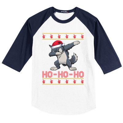 Santa Hat Dabbing Wolf Ho Ho Ho Funny Ugly Christmas Gift Baseball Sleeve Shirt