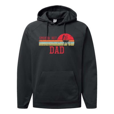 Smokin Hot Dad Chest Sunset Retro Grill Bbq Daddy Papa Performance Fleece Hoodie