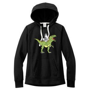 Siberian Husky Dog Riding Dinosaur Trex Funny Pug Lover Premium Women's Fleece Hoodie