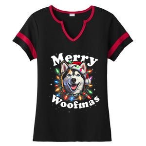 Siberian Husky Dog Merry Woofmas Christmas Lights Santa Hat Tank Top Ladies Halftime Notch Neck Tee