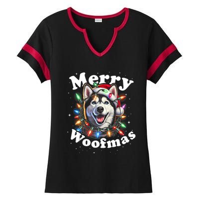 Siberian Husky Dog Merry Woofmas Christmas Lights Santa Hat Tank Top Ladies Halftime Notch Neck Tee