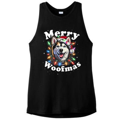 Siberian Husky Dog Merry Woofmas Christmas Lights Santa Hat Tank Top Ladies PosiCharge Tri-Blend Wicking Tank