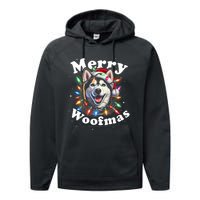 Siberian Husky Dog Merry Woofmas Christmas Lights Santa Hat Tank Top Performance Fleece Hoodie