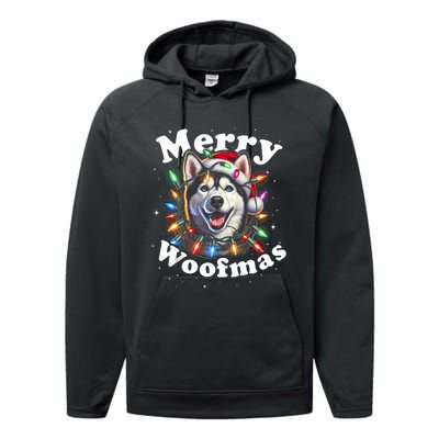 Siberian Husky Dog Merry Woofmas Christmas Lights Santa Hat Tank Top Performance Fleece Hoodie