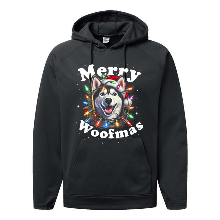 Siberian Husky Dog Merry Woofmas Christmas Lights Santa Hat Tank Top Performance Fleece Hoodie