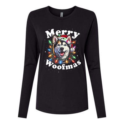 Siberian Husky Dog Merry Woofmas Christmas Lights Santa Hat Tank Top Womens Cotton Relaxed Long Sleeve T-Shirt