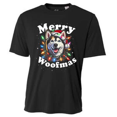 Siberian Husky Dog Merry Woofmas Christmas Lights Santa Hat Tank Top Cooling Performance Crew T-Shirt