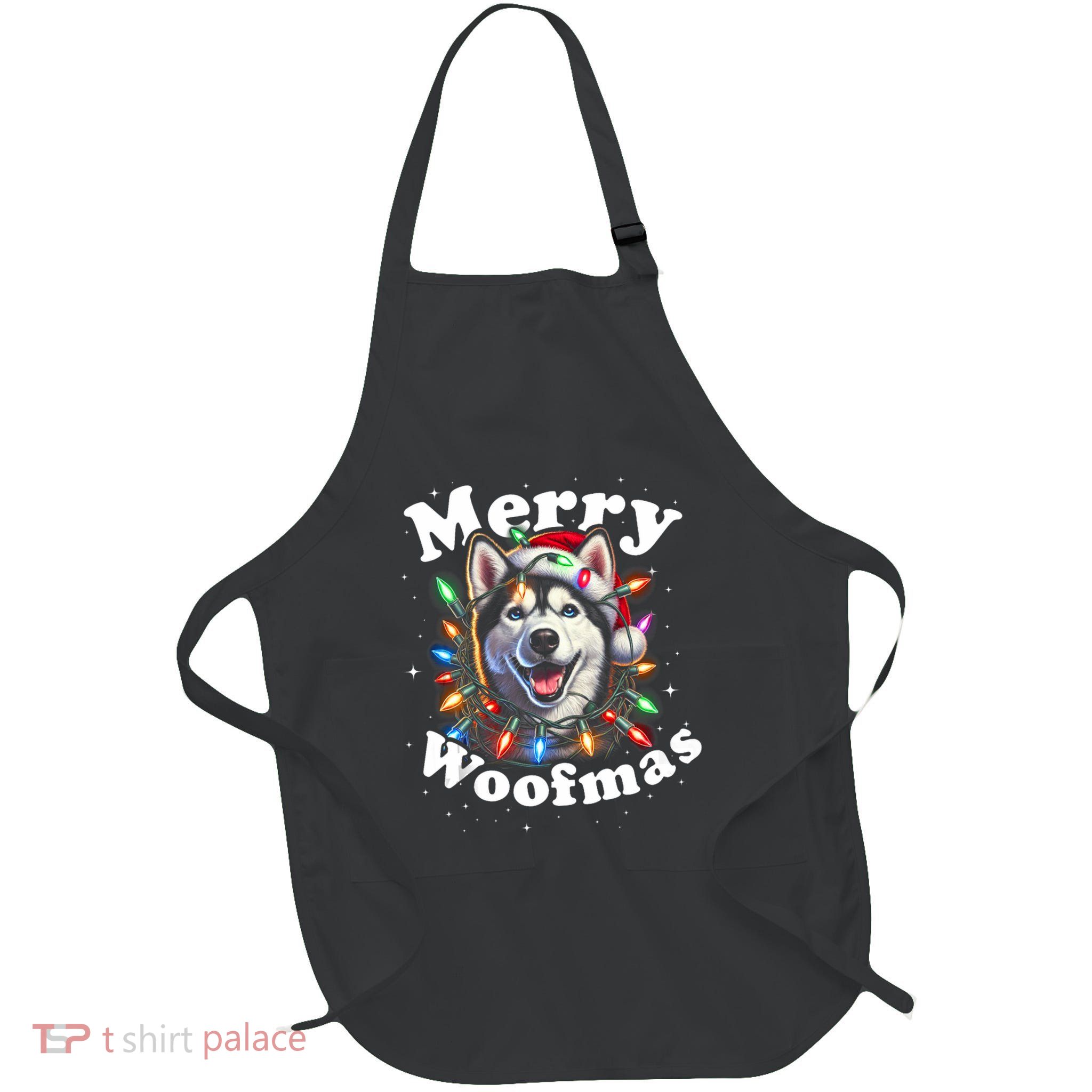 Siberian Husky Dog Merry Woofmas Christmas Lights Santa Hat Tank Top Full-Length Apron With Pockets