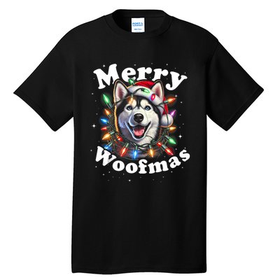 Siberian Husky Dog Merry Woofmas Christmas Lights Santa Hat Tank Top Tall T-Shirt