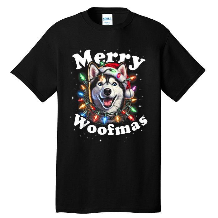 Siberian Husky Dog Merry Woofmas Christmas Lights Santa Hat Tank Top Tall T-Shirt