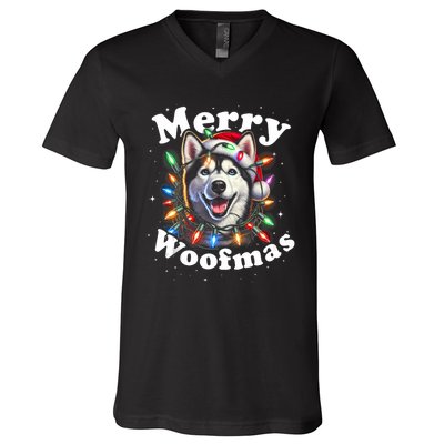 Siberian Husky Dog Merry Woofmas Christmas Lights Santa Hat Tank Top V-Neck T-Shirt