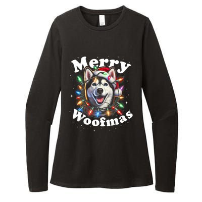 Siberian Husky Dog Merry Woofmas Christmas Lights Santa Hat Tank Top Womens CVC Long Sleeve Shirt