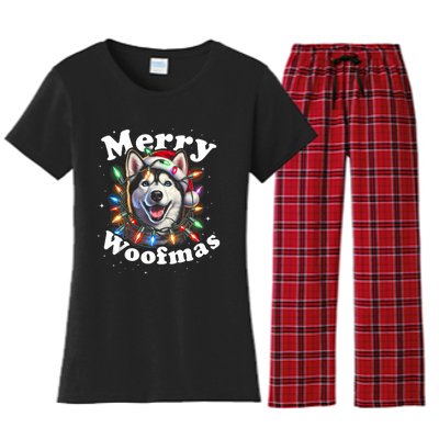 Siberian Husky Dog Merry Woofmas Christmas Lights Santa Hat Tank Top Women's Flannel Pajama Set