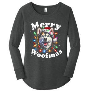 Siberian Husky Dog Merry Woofmas Christmas Lights Santa Hat Tank Top Women's Perfect Tri Tunic Long Sleeve Shirt