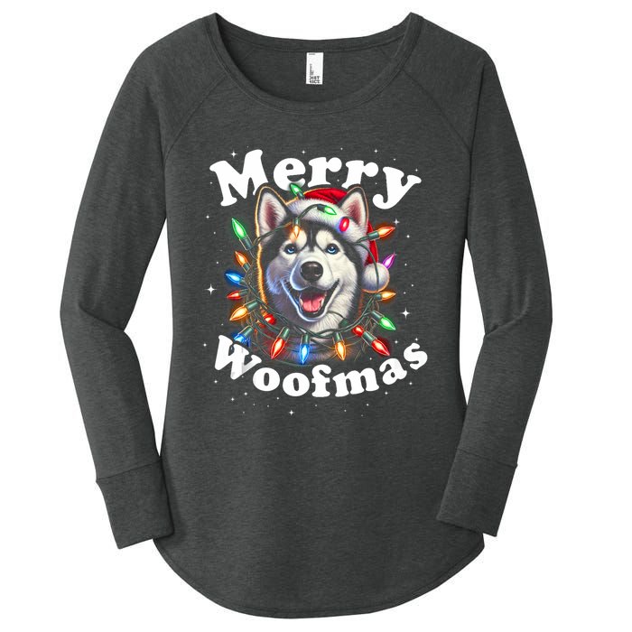 Siberian Husky Dog Merry Woofmas Christmas Lights Santa Hat Tank Top Women's Perfect Tri Tunic Long Sleeve Shirt