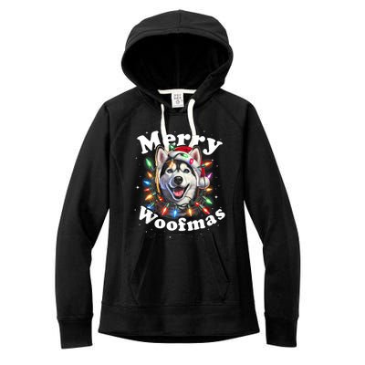 Siberian Husky Dog Merry Woofmas Christmas Lights Santa Hat Tank Top Women's Fleece Hoodie