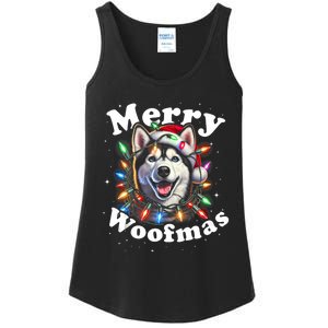 Siberian Husky Dog Merry Woofmas Christmas Lights Santa Hat Tank Top Ladies Essential Tank