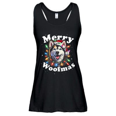 Siberian Husky Dog Merry Woofmas Christmas Lights Santa Hat Tank Top Ladies Essential Flowy Tank