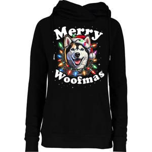 Siberian Husky Dog Merry Woofmas Christmas Lights Santa Hat Tank Top Womens Funnel Neck Pullover Hood