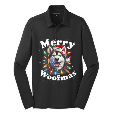 Siberian Husky Dog Merry Woofmas Christmas Lights Santa Hat Tank Top Silk Touch Performance Long Sleeve Polo