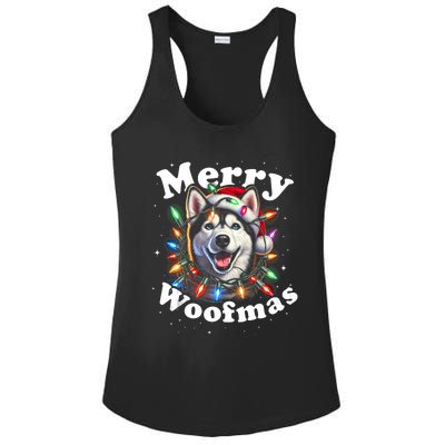 Siberian Husky Dog Merry Woofmas Christmas Lights Santa Hat Tank Top Ladies PosiCharge Competitor Racerback Tank